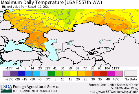 Russian Federation Maximum Daily Temperature (USAF 557th WW) Thematic Map For 9/6/2021 - 9/12/2021
