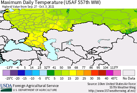 Russian Federation Maximum Daily Temperature (USAF 557th WW) Thematic Map For 9/27/2021 - 10/3/2021