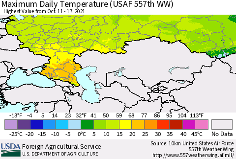 Russian Federation Maximum Daily Temperature (USAF 557th WW) Thematic Map For 10/11/2021 - 10/17/2021