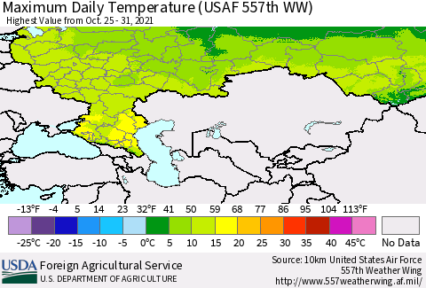 Russian Federation Maximum Daily Temperature (USAF 557th WW) Thematic Map For 10/25/2021 - 10/31/2021
