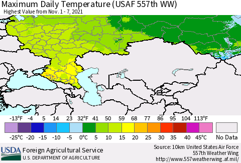 Russian Federation Maximum Daily Temperature (USAF 557th WW) Thematic Map For 11/1/2021 - 11/7/2021