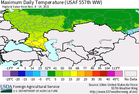 Russian Federation Maximum Daily Temperature (USAF 557th WW) Thematic Map For 11/8/2021 - 11/14/2021