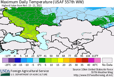 Russian Federation Maximum Daily Temperature (USAF 557th WW) Thematic Map For 11/15/2021 - 11/21/2021
