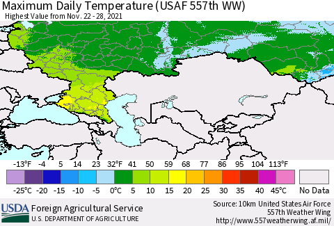 Russian Federation Maximum Daily Temperature (USAF 557th WW) Thematic Map For 11/22/2021 - 11/28/2021