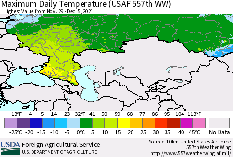 Russian Federation Maximum Daily Temperature (USAF 557th WW) Thematic Map For 11/29/2021 - 12/5/2021