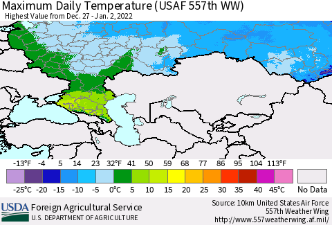 Russian Federation Maximum Daily Temperature (USAF 557th WW) Thematic Map For 12/27/2021 - 1/2/2022