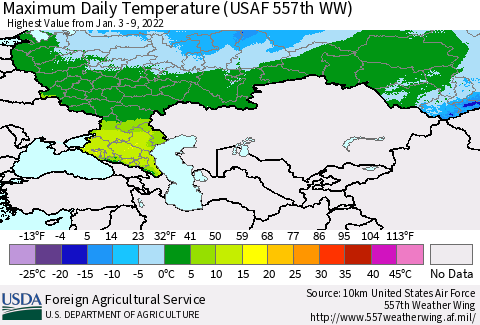 Russian Federation Maximum Daily Temperature (USAF 557th WW) Thematic Map For 1/3/2022 - 1/9/2022