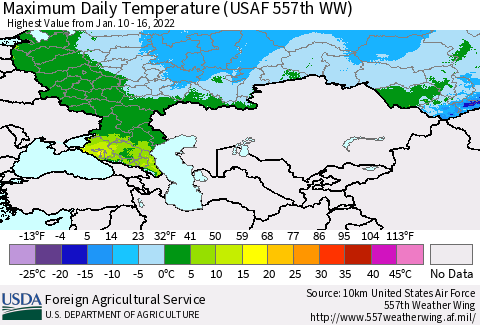 Russian Federation Maximum Daily Temperature (USAF 557th WW) Thematic Map For 1/10/2022 - 1/16/2022
