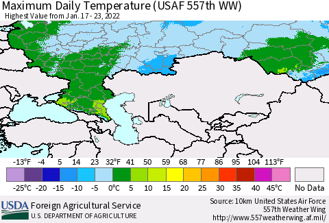 Russian Federation Maximum Daily Temperature (USAF 557th WW) Thematic Map For 1/17/2022 - 1/23/2022