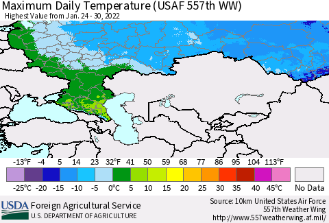 Russian Federation Maximum Daily Temperature (USAF 557th WW) Thematic Map For 1/24/2022 - 1/30/2022
