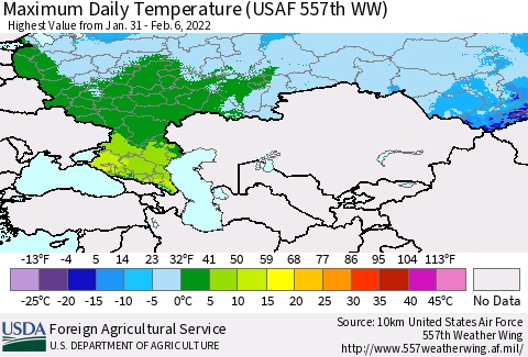 Russian Federation Maximum Daily Temperature (USAF 557th WW) Thematic Map For 1/31/2022 - 2/6/2022