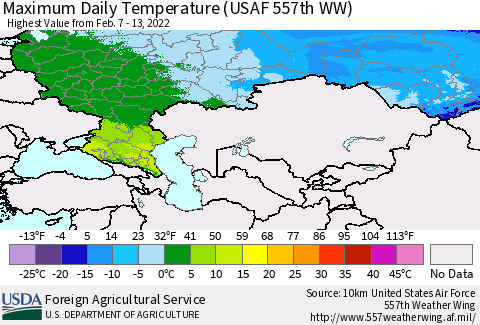 Russian Federation Maximum Daily Temperature (USAF 557th WW) Thematic Map For 2/7/2022 - 2/13/2022
