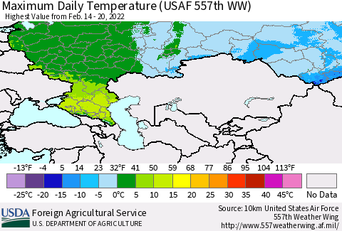 Russian Federation Maximum Daily Temperature (USAF 557th WW) Thematic Map For 2/14/2022 - 2/20/2022