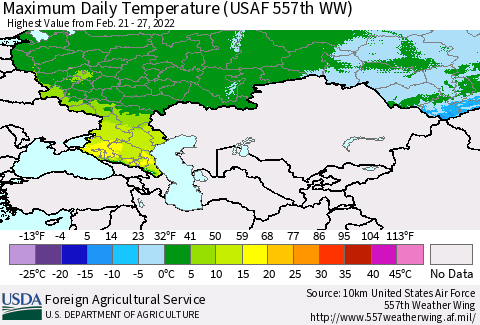 Russian Federation Maximum Daily Temperature (USAF 557th WW) Thematic Map For 2/21/2022 - 2/27/2022