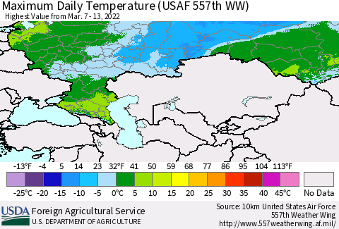Russian Federation Maximum Daily Temperature (USAF 557th WW) Thematic Map For 3/7/2022 - 3/13/2022