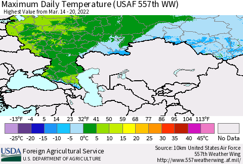 Russian Federation Maximum Daily Temperature (USAF 557th WW) Thematic Map For 3/14/2022 - 3/20/2022