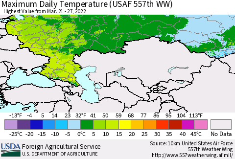 Russian Federation Maximum Daily Temperature (USAF 557th WW) Thematic Map For 3/21/2022 - 3/27/2022