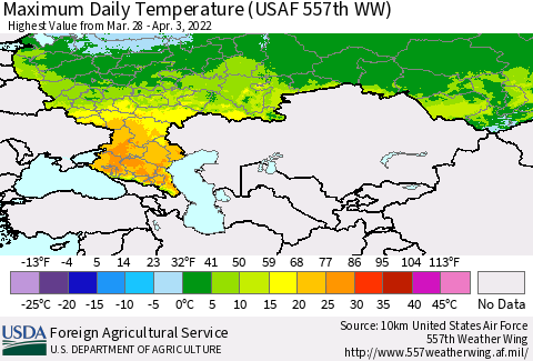 Russian Federation Maximum Daily Temperature (USAF 557th WW) Thematic Map For 3/28/2022 - 4/3/2022