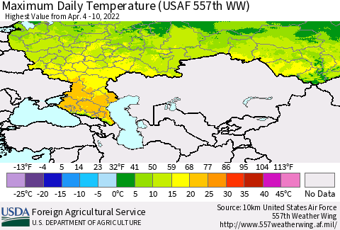 Russian Federation Maximum Daily Temperature (USAF 557th WW) Thematic Map For 4/4/2022 - 4/10/2022