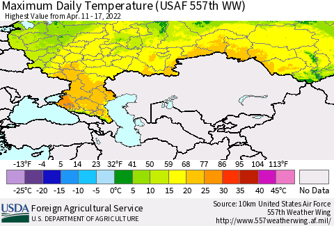 Russian Federation Maximum Daily Temperature (USAF 557th WW) Thematic Map For 4/11/2022 - 4/17/2022