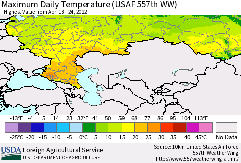 Russian Federation Maximum Daily Temperature (USAF 557th WW) Thematic Map For 4/18/2022 - 4/24/2022