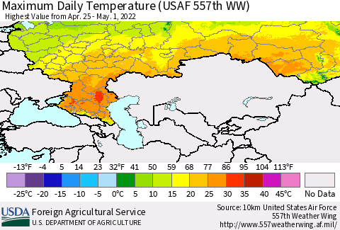 Russian Federation Maximum Daily Temperature (USAF 557th WW) Thematic Map For 4/25/2022 - 5/1/2022