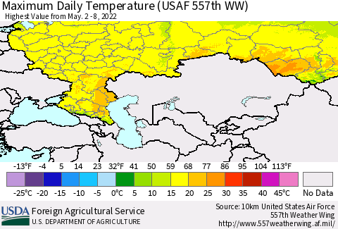 Russian Federation Maximum Daily Temperature (USAF 557th WW) Thematic Map For 5/2/2022 - 5/8/2022