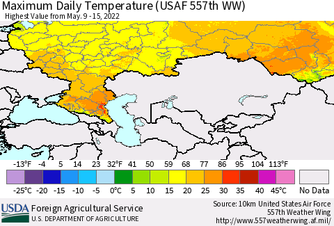 Russian Federation Maximum Daily Temperature (USAF 557th WW) Thematic Map For 5/9/2022 - 5/15/2022