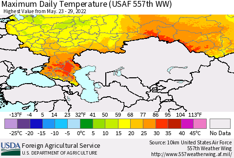 Russian Federation Maximum Daily Temperature (USAF 557th WW) Thematic Map For 5/23/2022 - 5/29/2022