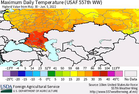 Russian Federation Maximum Daily Temperature (USAF 557th WW) Thematic Map For 5/30/2022 - 6/5/2022