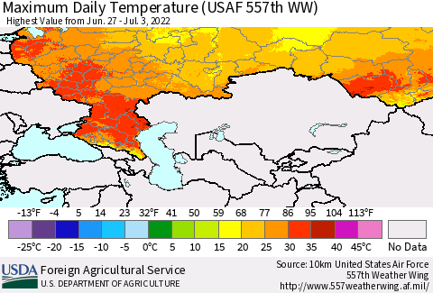 Russian Federation Maximum Daily Temperature (USAF 557th WW) Thematic Map For 6/27/2022 - 7/3/2022