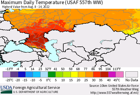 Russian Federation Maximum Daily Temperature (USAF 557th WW) Thematic Map For 8/8/2022 - 8/14/2022