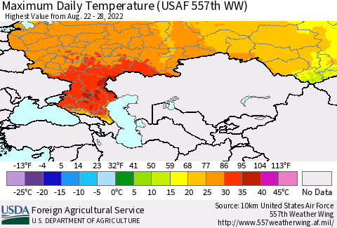 Russian Federation Maximum Daily Temperature (USAF 557th WW) Thematic Map For 8/22/2022 - 8/28/2022
