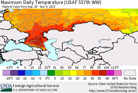 Russian Federation Maximum Daily Temperature (USAF 557th WW) Thematic Map For 8/29/2022 - 9/4/2022