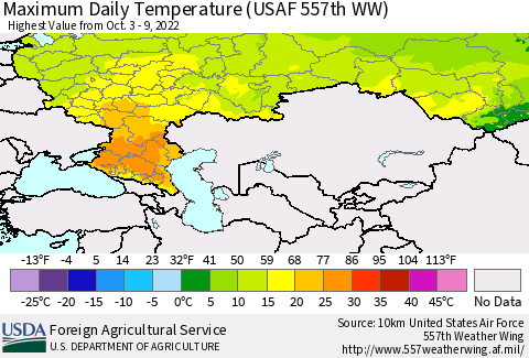 Russian Federation Maximum Daily Temperature (USAF 557th WW) Thematic Map For 10/3/2022 - 10/9/2022