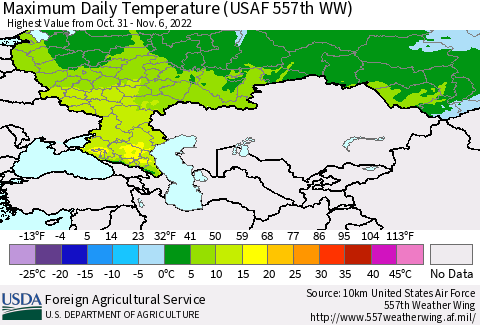 Russian Federation Maximum Daily Temperature (USAF 557th WW) Thematic Map For 10/31/2022 - 11/6/2022