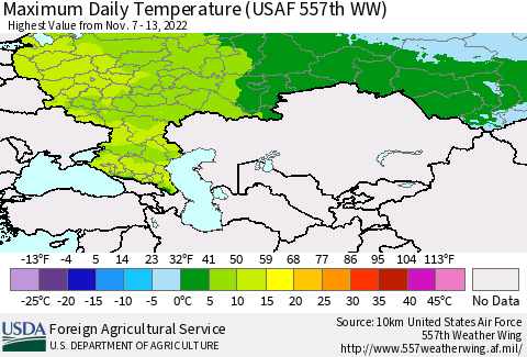 Russian Federation Maximum Daily Temperature (USAF 557th WW) Thematic Map For 11/7/2022 - 11/13/2022