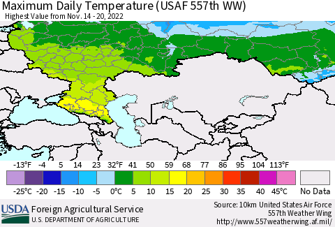 Russian Federation Maximum Daily Temperature (USAF 557th WW) Thematic Map For 11/14/2022 - 11/20/2022