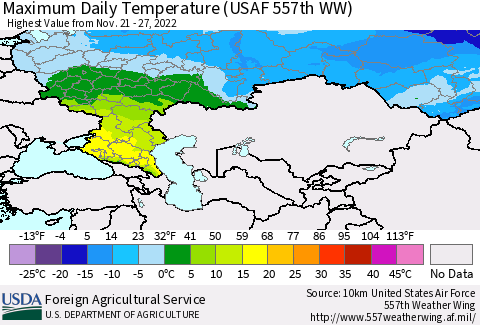 Russian Federation Maximum Daily Temperature (USAF 557th WW) Thematic Map For 11/21/2022 - 11/27/2022
