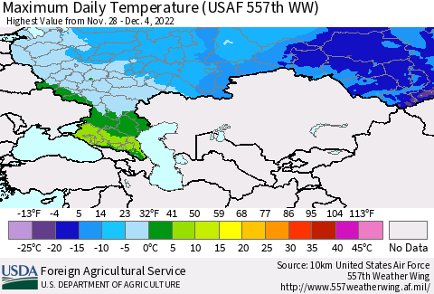 Russian Federation Maximum Daily Temperature (USAF 557th WW) Thematic Map For 11/28/2022 - 12/4/2022