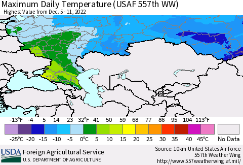 Russian Federation Maximum Daily Temperature (USAF 557th WW) Thematic Map For 12/5/2022 - 12/11/2022