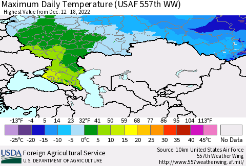 Russian Federation Maximum Daily Temperature (USAF 557th WW) Thematic Map For 12/12/2022 - 12/18/2022