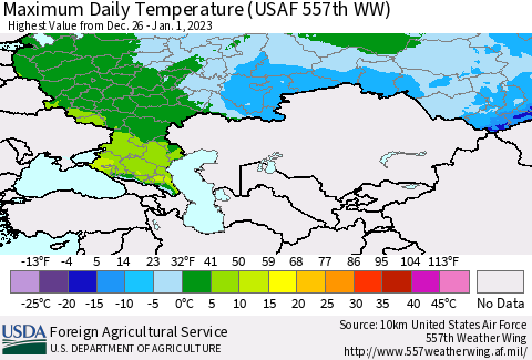 Russian Federation Maximum Daily Temperature (USAF 557th WW) Thematic Map For 12/26/2022 - 1/1/2023