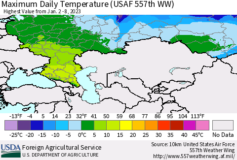 Russian Federation Maximum Daily Temperature (USAF 557th WW) Thematic Map For 1/2/2023 - 1/8/2023