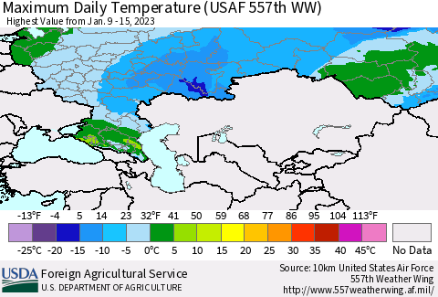 Russian Federation Maximum Daily Temperature (USAF 557th WW) Thematic Map For 1/9/2023 - 1/15/2023