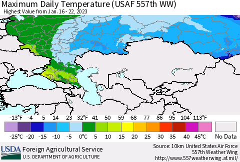 Russian Federation Maximum Daily Temperature (USAF 557th WW) Thematic Map For 1/16/2023 - 1/22/2023