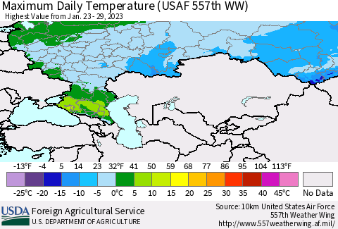 Russian Federation Maximum Daily Temperature (USAF 557th WW) Thematic Map For 1/23/2023 - 1/29/2023