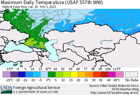 Russian Federation Maximum Daily Temperature (USAF 557th WW) Thematic Map For 1/30/2023 - 2/5/2023