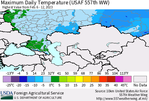 Russian Federation Maximum Daily Temperature (USAF 557th WW) Thematic Map For 2/6/2023 - 2/12/2023