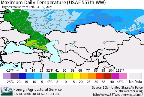 Russian Federation Maximum Daily Temperature (USAF 557th WW) Thematic Map For 2/13/2023 - 2/19/2023